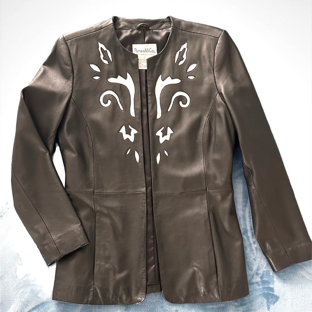 Pamela McCoy Genuine Leather Jacket – XS – Black w/ Ivory Appliqué